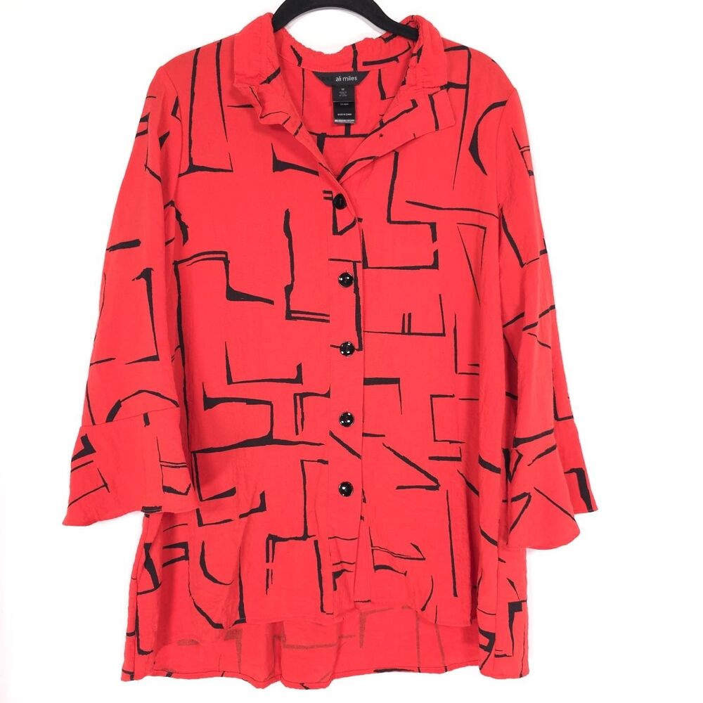 ALI MILES Red Geometric Print Button Up Shirt Tunic Rayon Long Sleeve MEDIUM